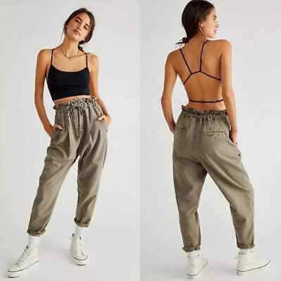 Free People Margate pleated paperbag waist Trouser Pant olive green large - Picture 3 of 8